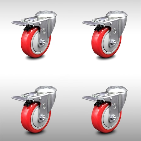 4 Inch SS Red Polyurethane Swivel Bolt Hole Caster Set With Total Lock Brake